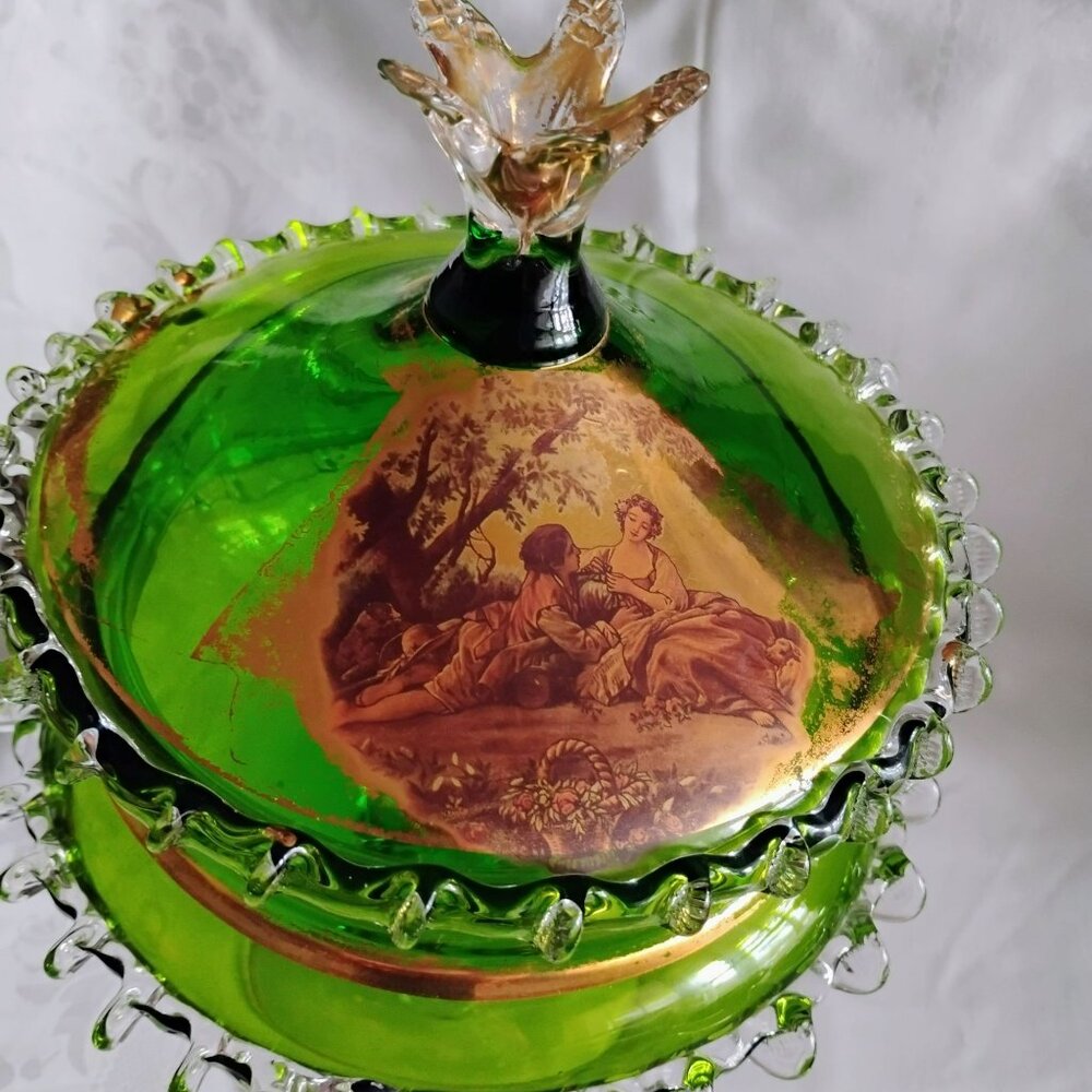 MCM Empoli Green Glass Compote Lidded Candy Dish Rigaree Edge Gilt Gold Romantic - Picture 9 of 13